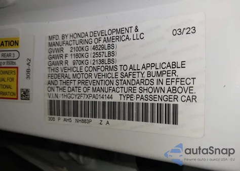 2023 Honda Accord Hybrid Sport-L from USA, damaged, VIN 1HGCY2F7XPA014144